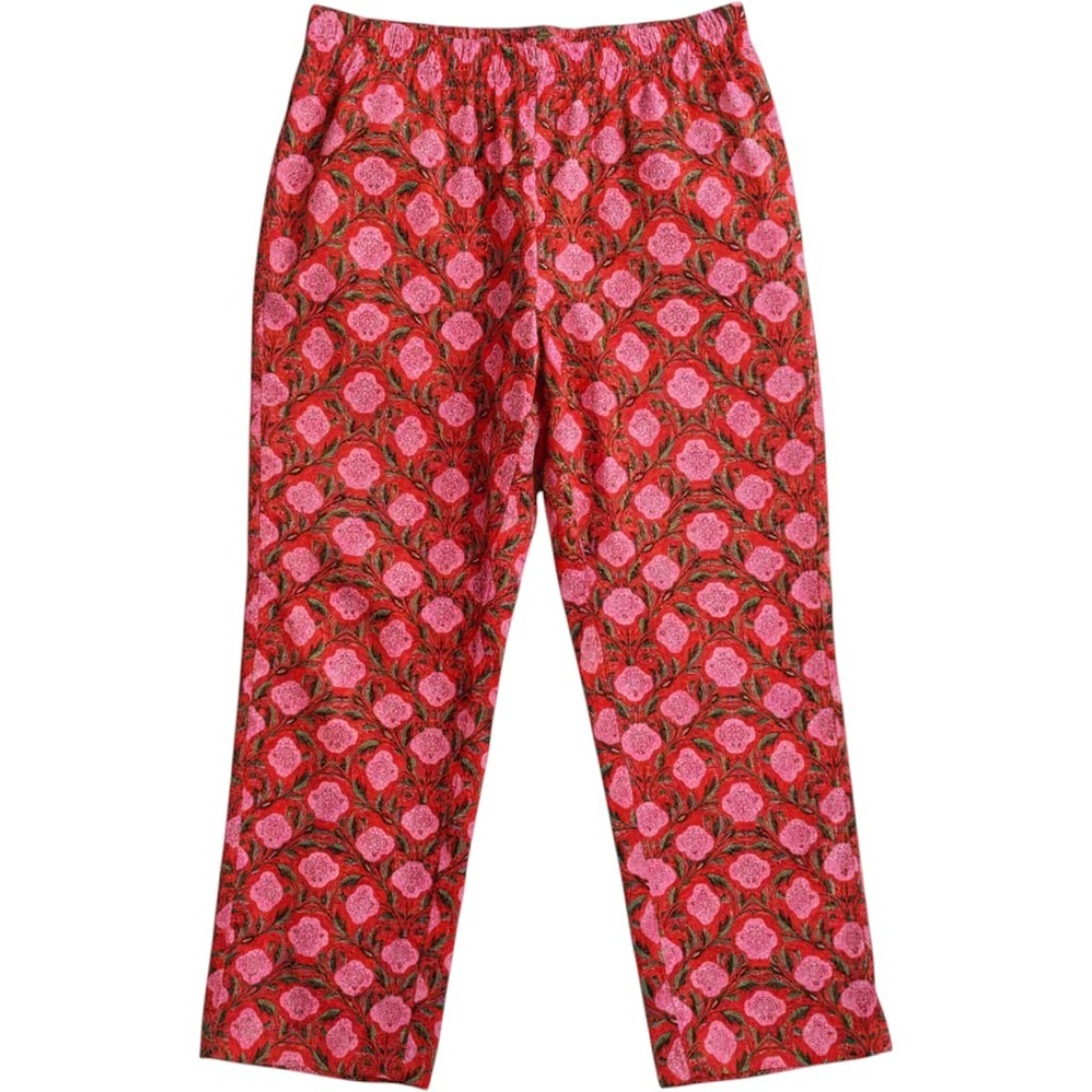 Rhode Organic Cotton Pants L Floral Block Print Elastic Waist Red Pink Cool